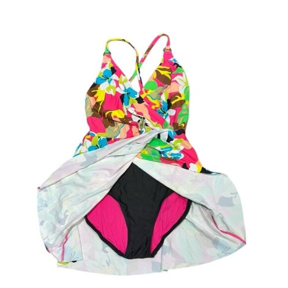 Anne Cole Sz 6 Swimsuit Tropical V-neck Swim dress One-Piece Resortwear Beach - Picture 5 of 6